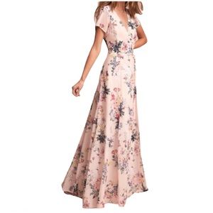 BHLDN Pink Floral V-Neck Cap Sleeve Wedding Dress